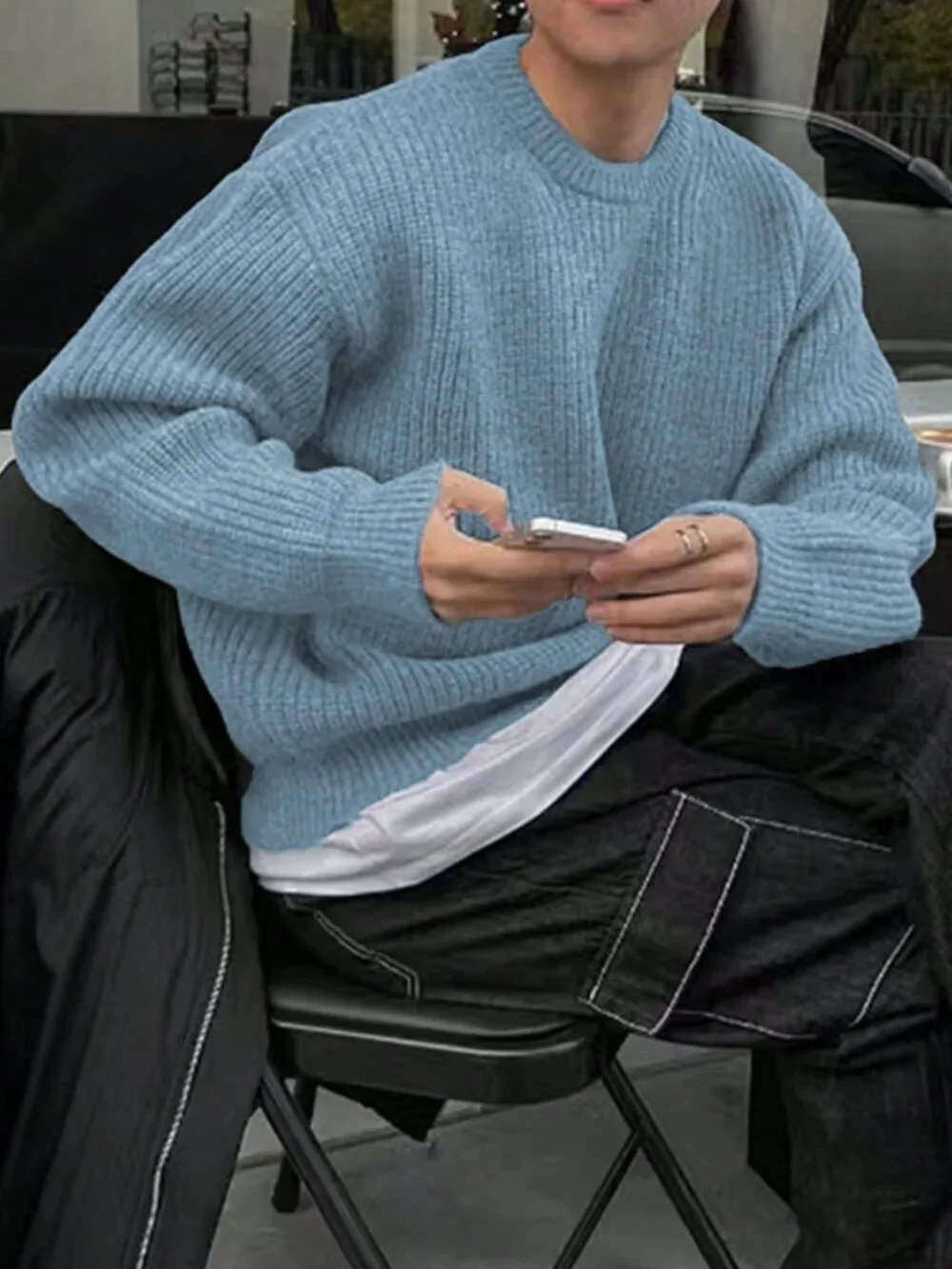 Dusty Blue Casual Men's Long Sleeve Drop Shoulder Crew Neck Pullover Sweater
